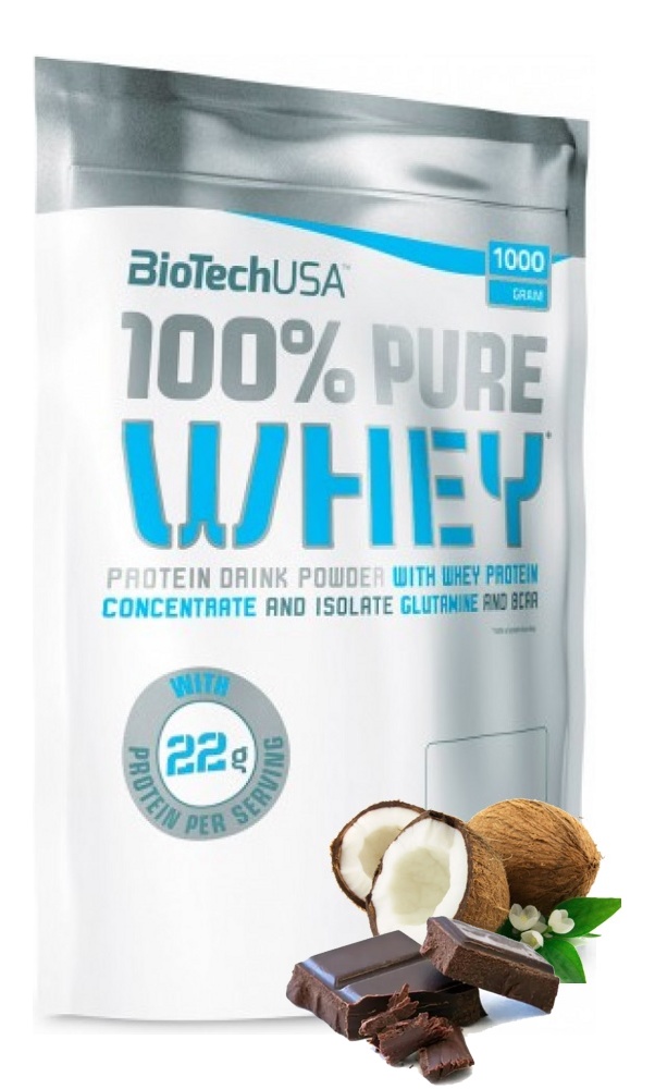 Протеин сывороточный (концентрат+изолят) 100% Pure Whey Biotech USA 1000г (кокос-шоколад) - фото