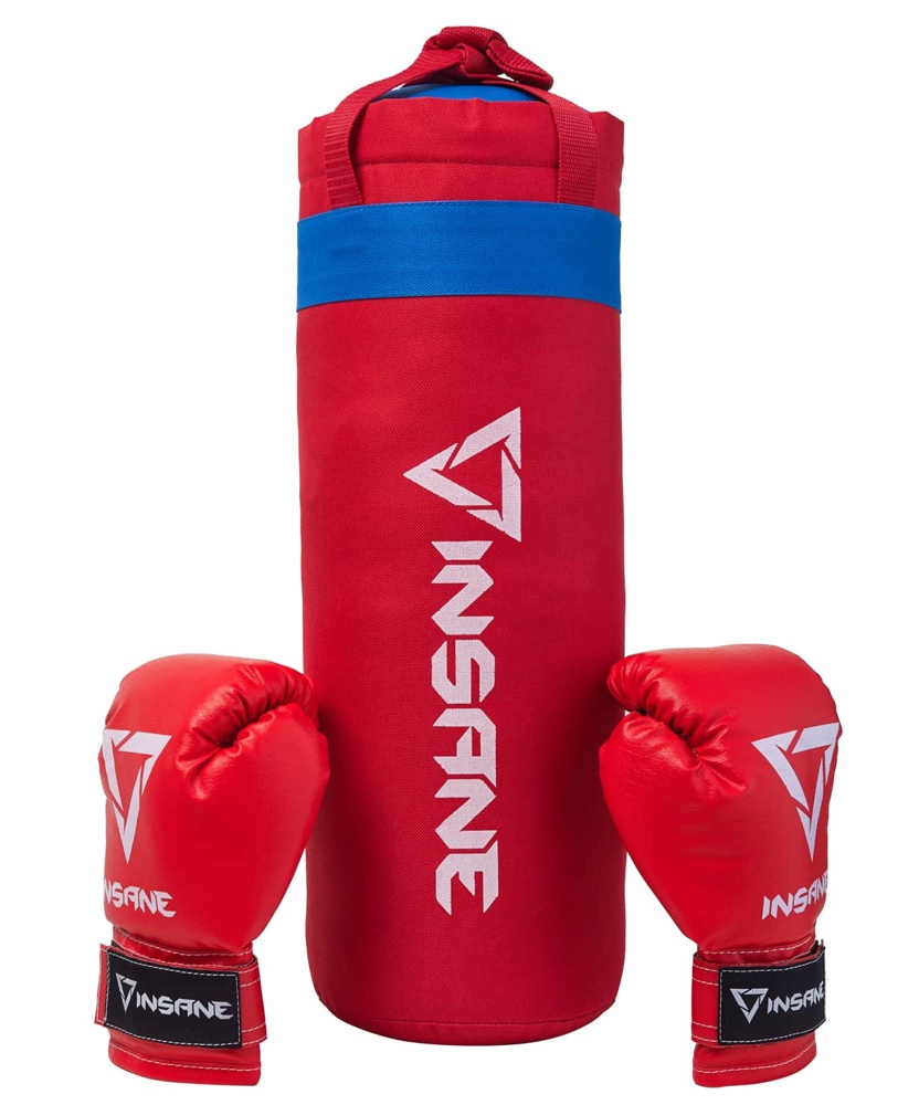 Боксерский мешок и перчатки INSANE FIGHT, красный, 45х20 см, 2,3 кг, 6 oz