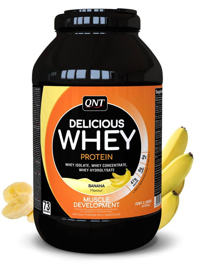Протеин сывороточный (концентрат+изолят+гидролизат) Delicious Whey QNT 2200г (банан) - фото