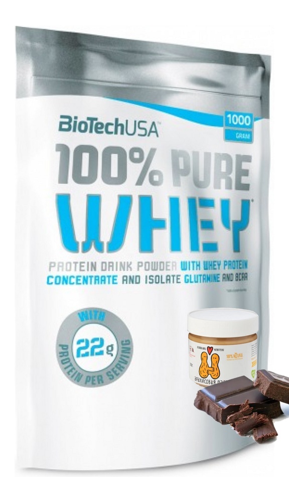 Протеин сывороточный (концентрат+изолят) 100% Pure Whey Biotech USA 1000г (шоколад-арахисовая паста) - фото