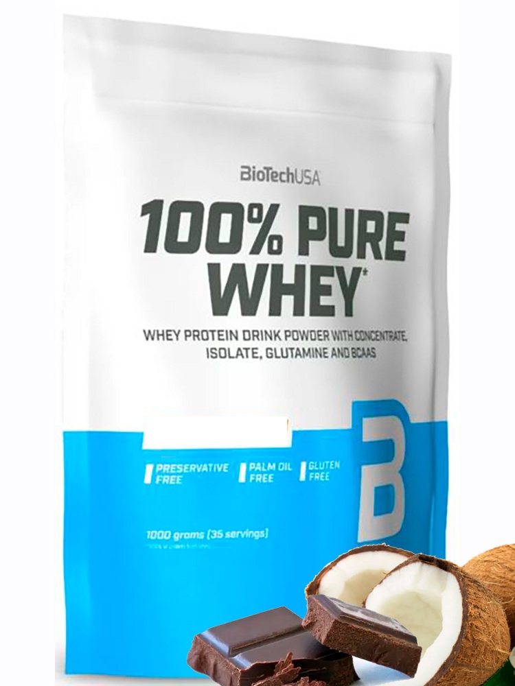 Протеин сывороточный (концентрат+изолят) 100% Pure Whey Biotech USA 1000г (кокос-шоколад) - фото