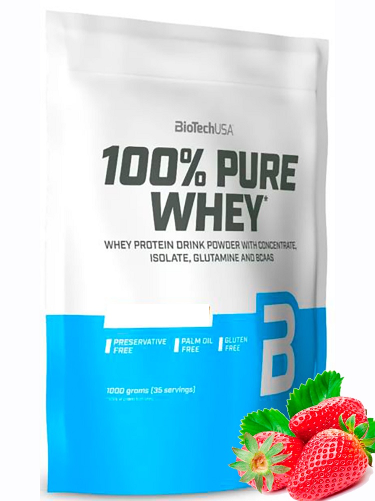 Протеин сывороточный (концентрат+изолят) 100% Pure Whey Biotech USA 1000г (клубника) - фото