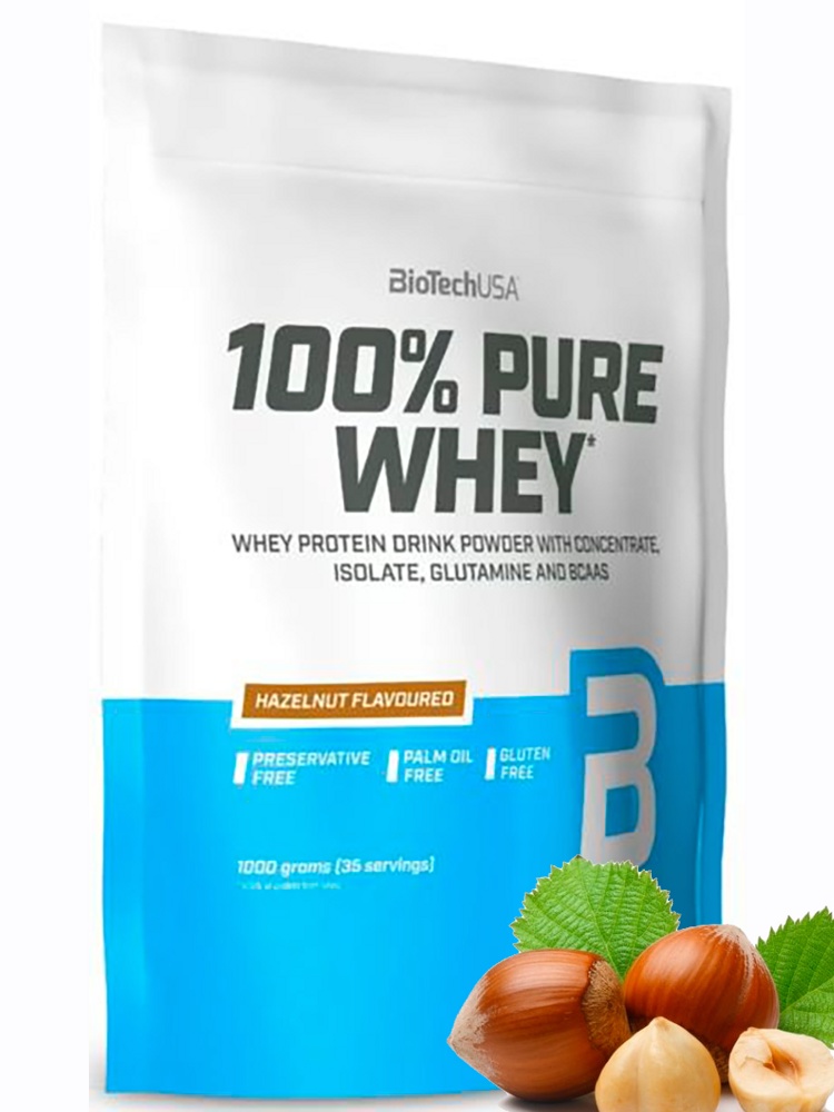 Протеин сывороточный (концентрат+изолят) 100% Pure Whey Biotech USA 1000г (лесной орех) - фото