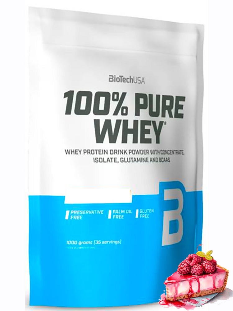 Протеин сывороточный (концентрат+изолят) 100% Pure Whey Biotech USA 1000г (малиновый чизкейк) - фото