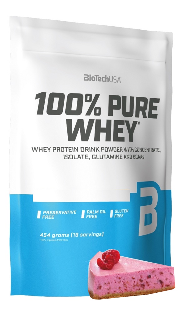 Протеин сывороточный (концентрат+изолят) 100% Pure Whey Biotech USA 454г (малиновый чизкейк) - фото