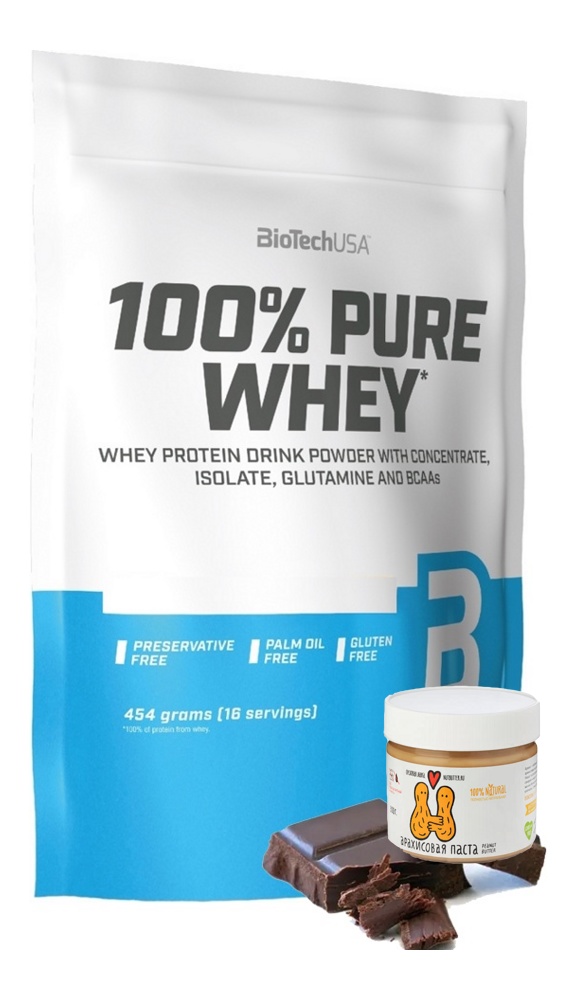 Протеин сывороточный (концентрат+изолят) 100% Pure Whey Biotech USA 454г (шоколад-арахисовая паста) - фото