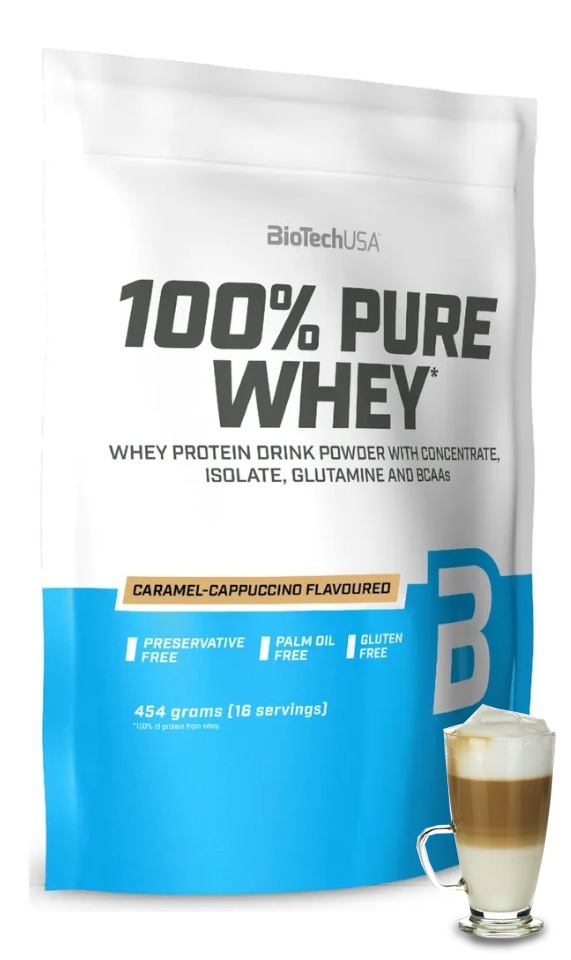 Протеин сывороточный (концентрат+изолят) 100% Pure Whey Biotech USA 454г (карамель-капучино) - фото