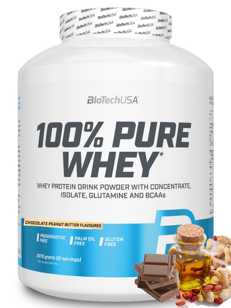 Протеин сывороточный (концентрат+изолят) 100% Pure Whey Biotech USA 2270г (шоколад-арахисовое масло) - фото