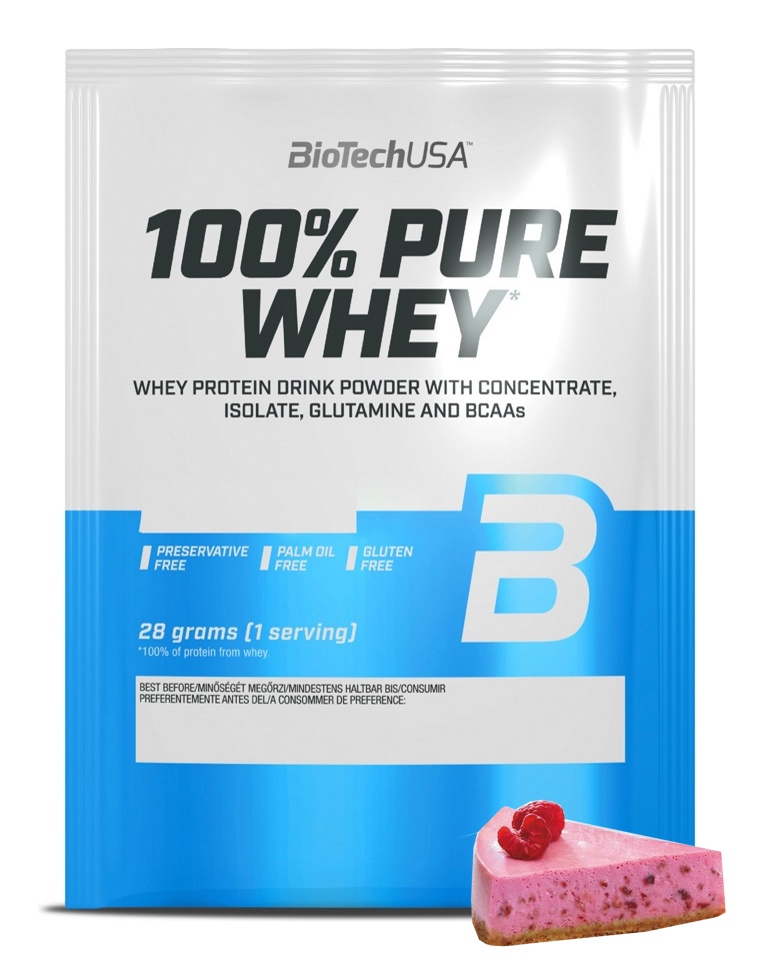 Протеин сывороточный (концентрат+изолят) 100% Pure Whey Biotech USA 28г (малиновый чизкейк) - фото