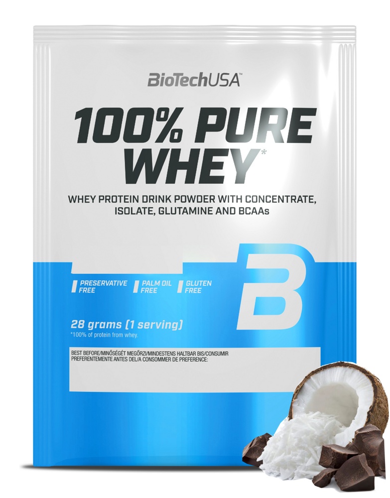 Протеин сывороточный (концентрат+изолят) 100% Pure Whey Biotech USA 28г (кокос-шоколад) - фото