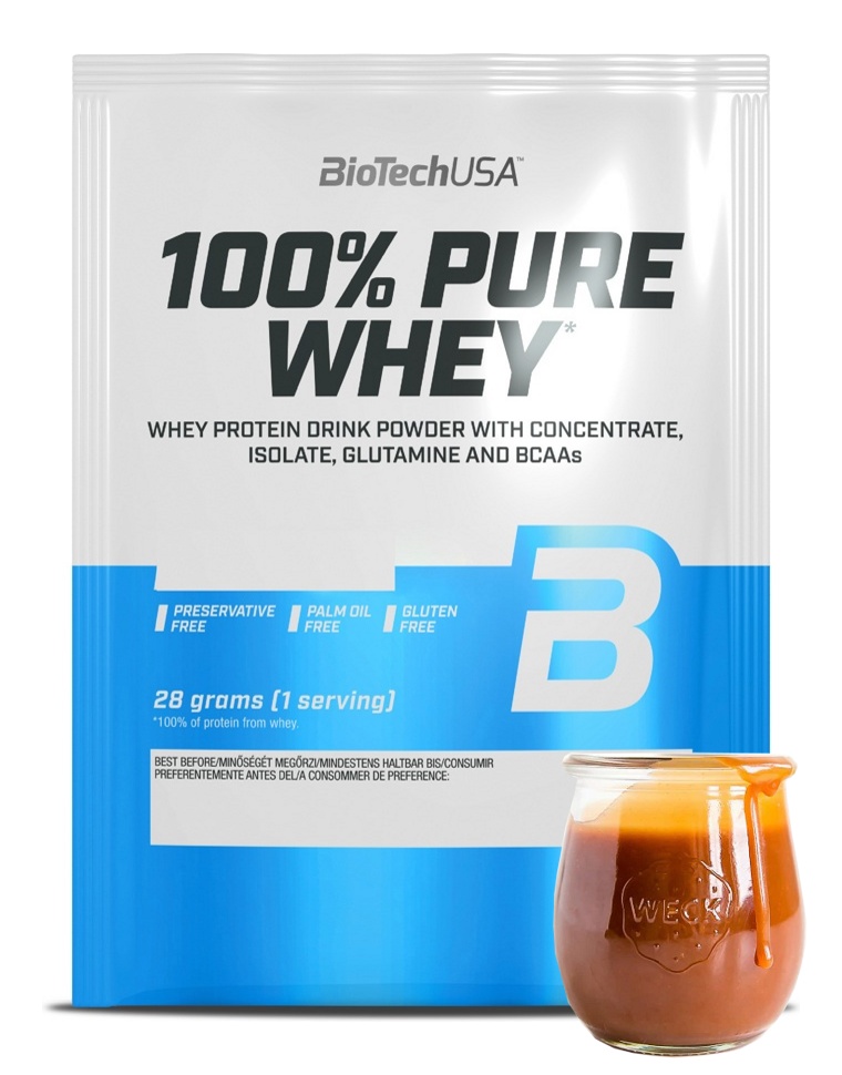 Протеин сывороточный (концентрат+изолят) 100% Pure Whey Biotech USA 28г (соленая карамель) - фото