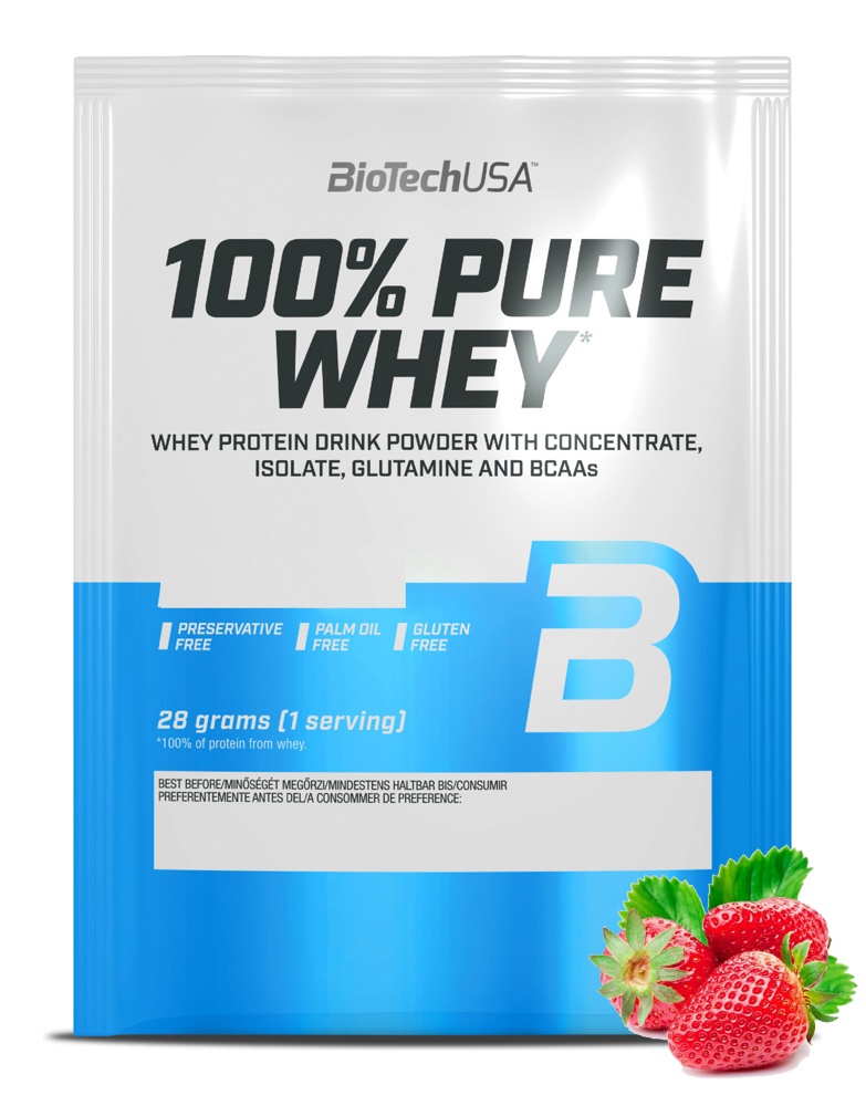 Протеин сывороточный (концентрат+изолят) 100% Pure Whey Biotech USA 28г (клубника) - фото